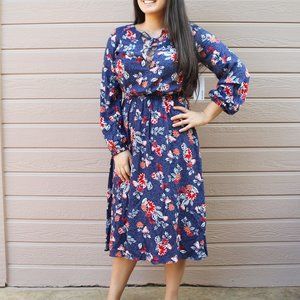 NEW Navy Blue Red Floral Prairie Midi Dress